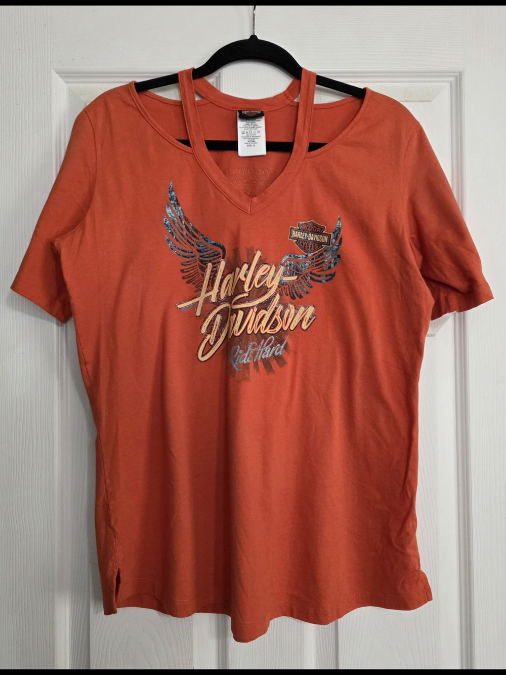 IndyWest Harley-Davidson Orange V-Neck Short Sleeve Tee with Winged Logo